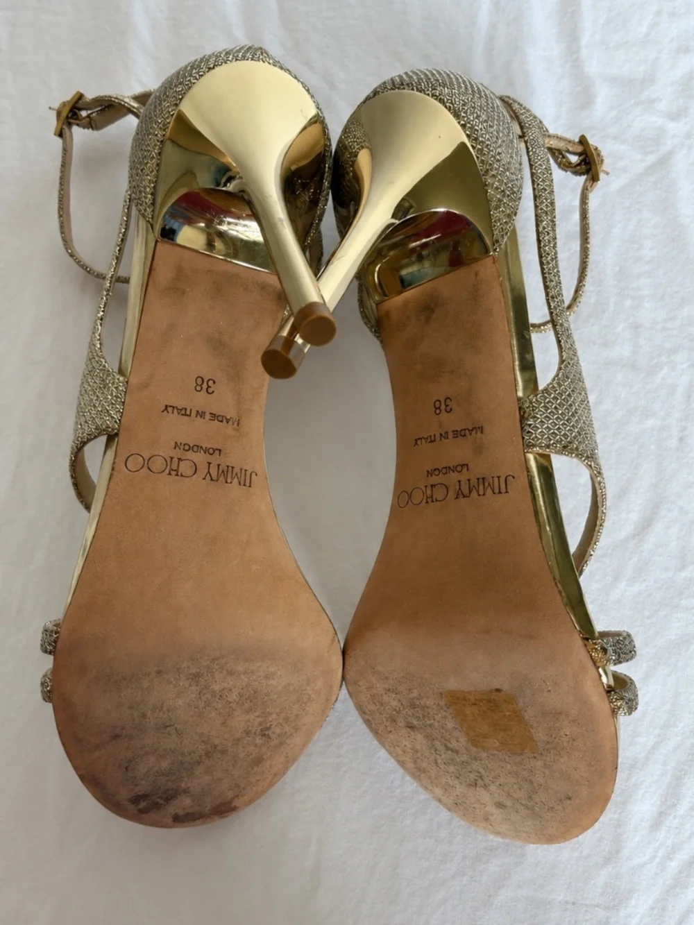 Jimmy Choo Valez Gold Glitter Strappy Sandal Heels Size 38